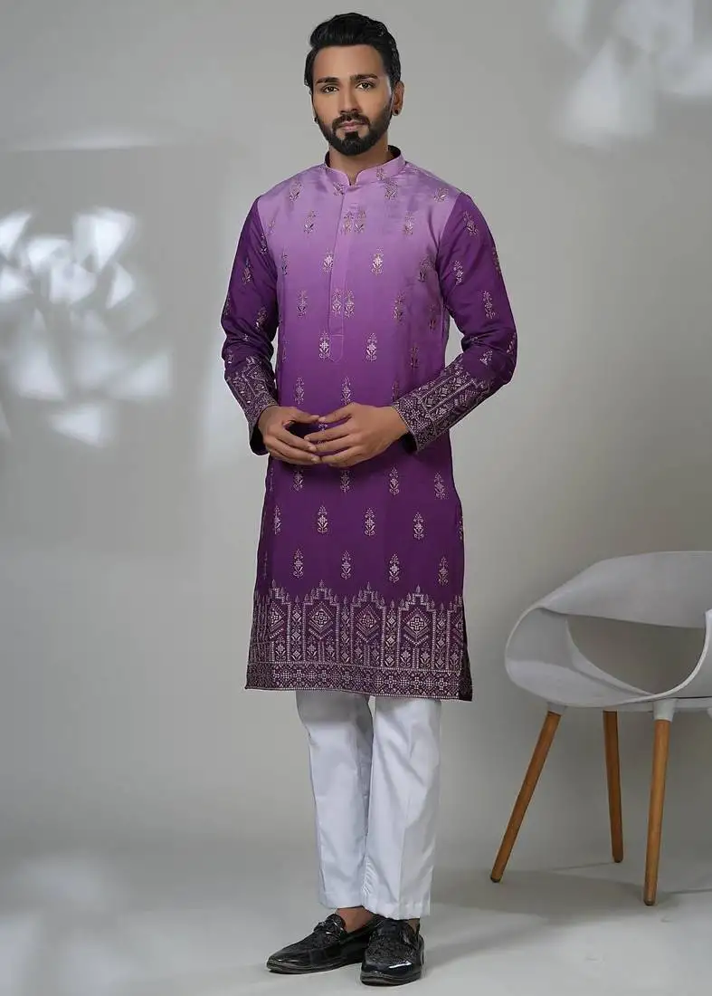 Purple blended cotton embroidered kurta pajama for mens