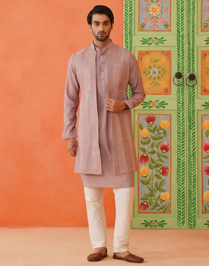 Onion pink embroidery long bundi kurta set