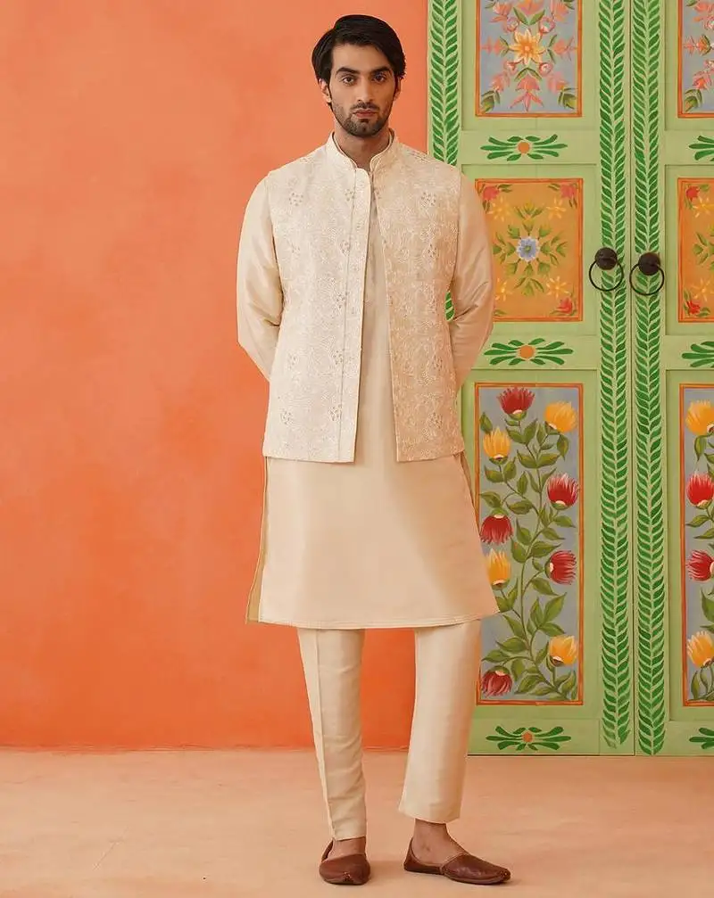 Cream chain stitch embroidery kurta jacket set