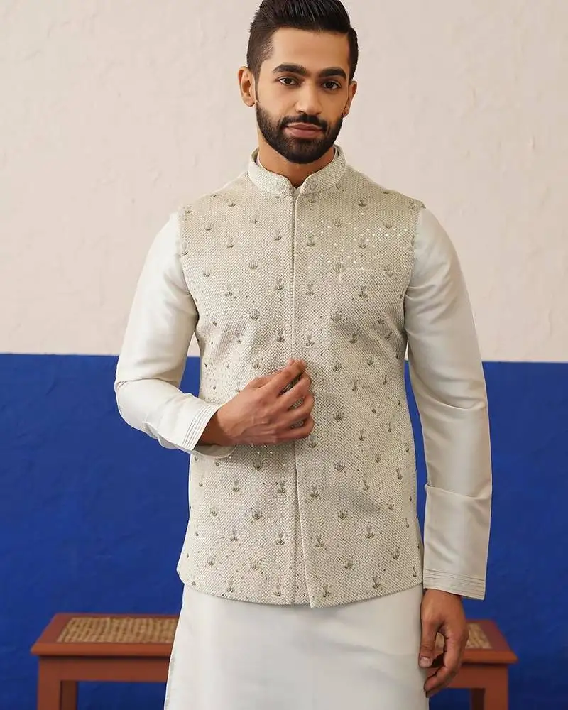 Cream colour velvet with self texture bundi set