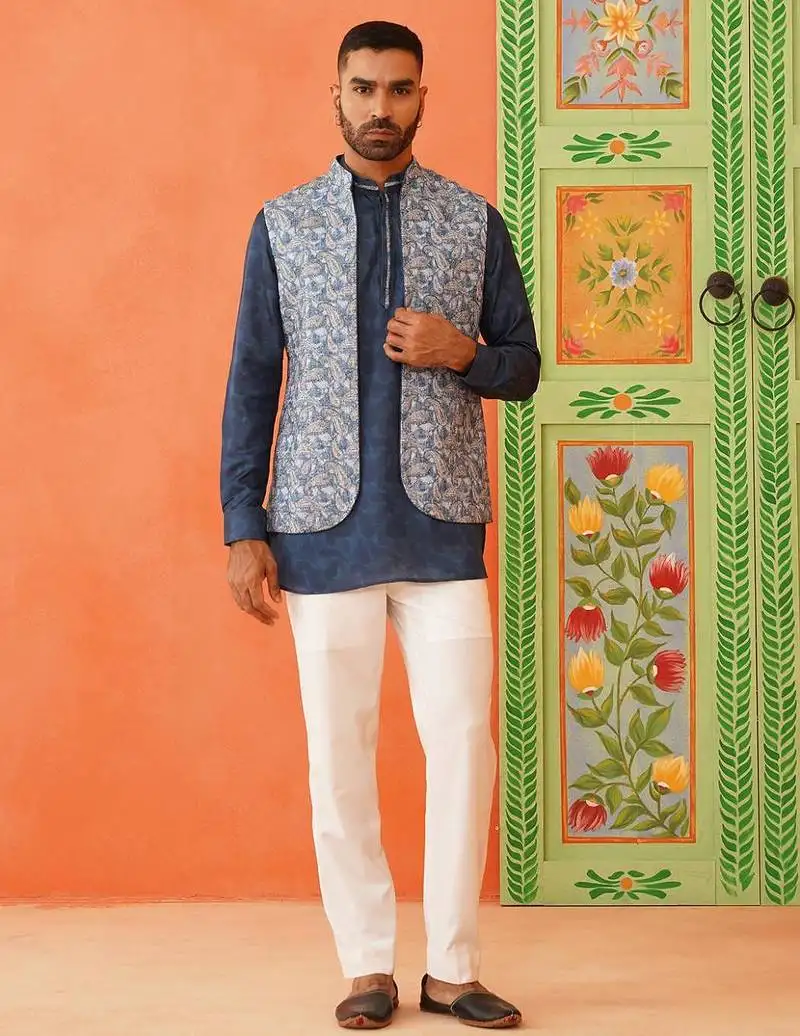 Blue pasley print jacket kurta set