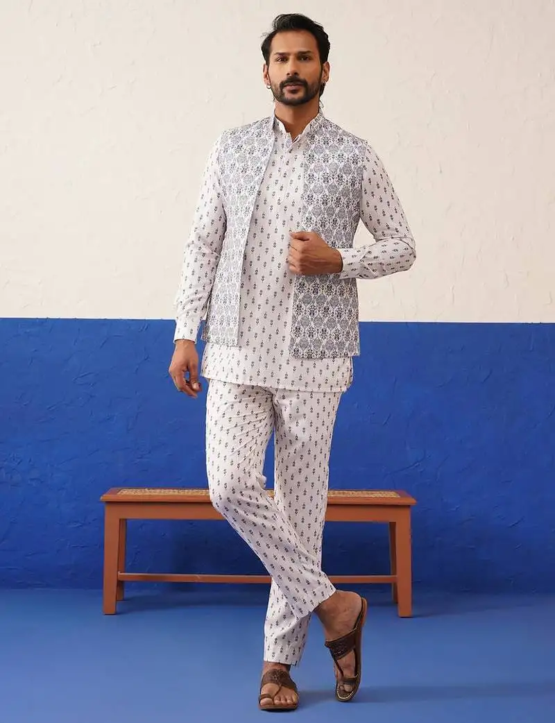 White printed jacket kurta set