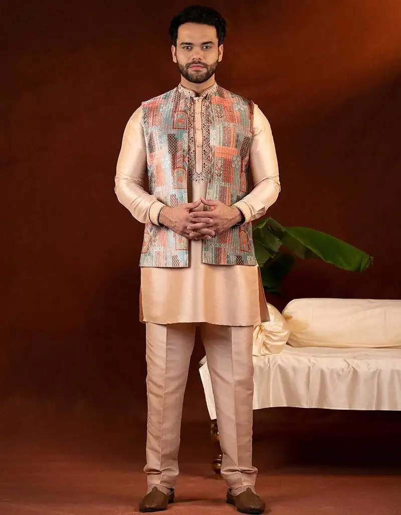 Champagne gold front open bundi with front embroidered kurta set