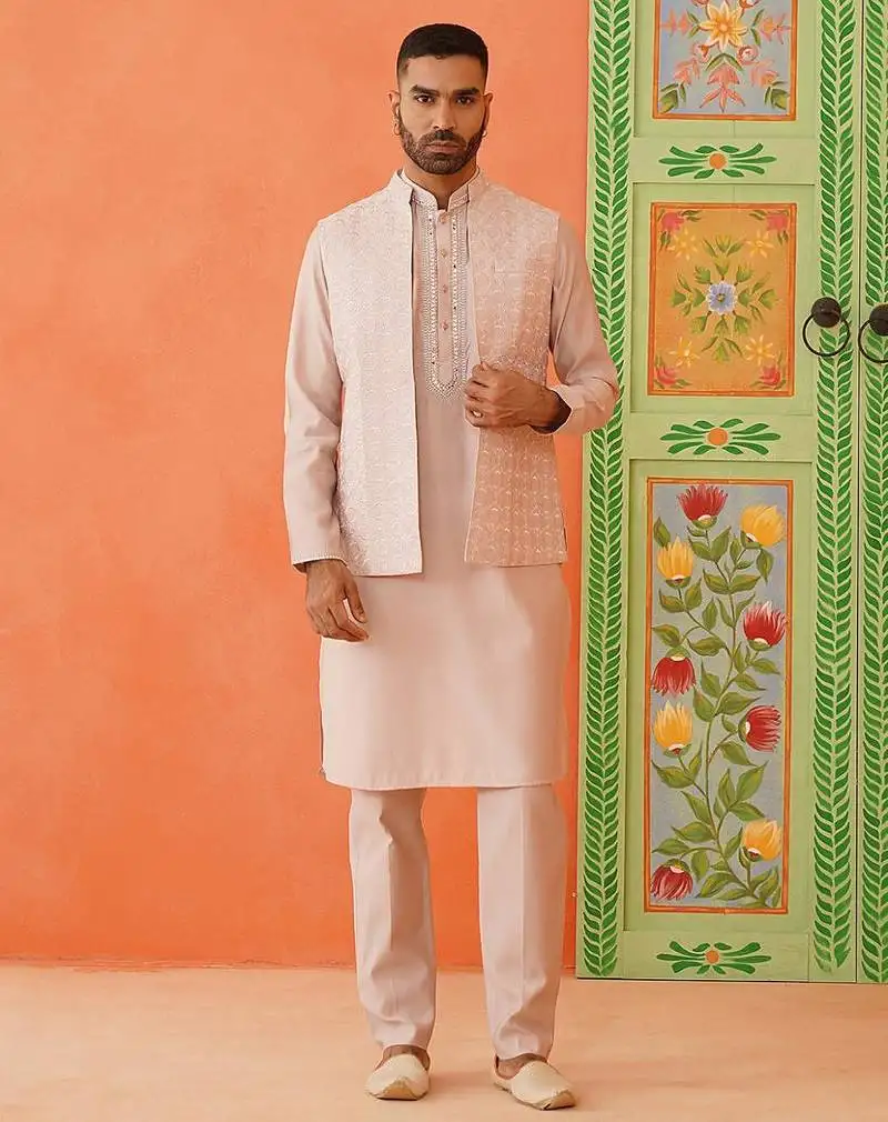 Peach kurta mirror jacket set