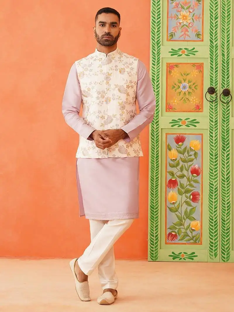 Multi colour resham work bundi kurta set