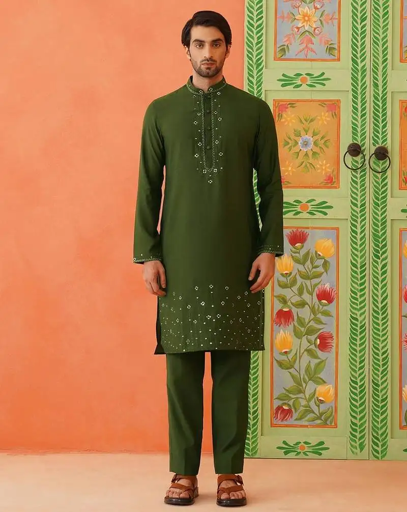 Green embroidery kurta jacket set