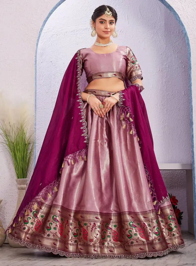 Onion pink jacquard silk lehenga choli with dupatta