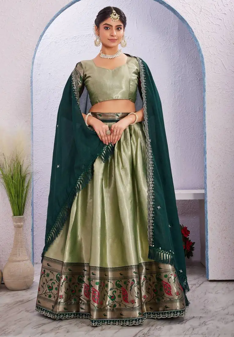 Green jacquard silk lehenga choli with dupatta