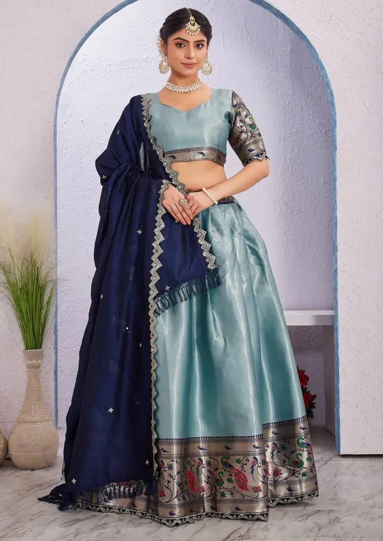 Aqua blue jacquard silk lehenga choli with dupatta