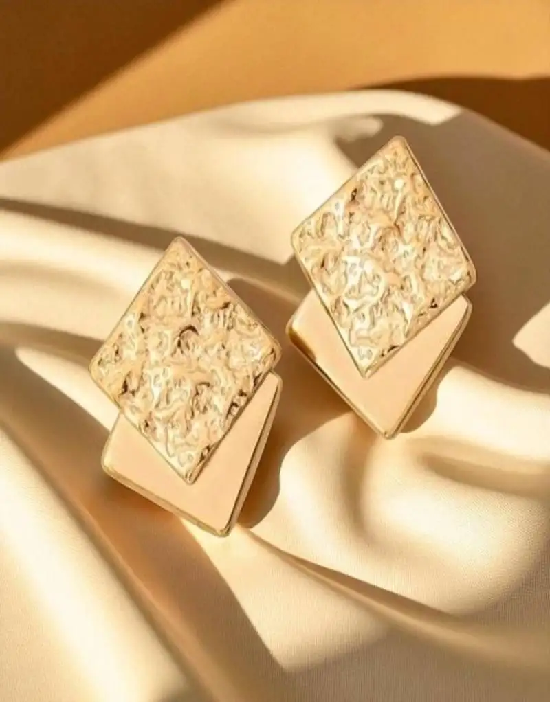 Golden glamour textured square stud earrings – anti tarnish finish