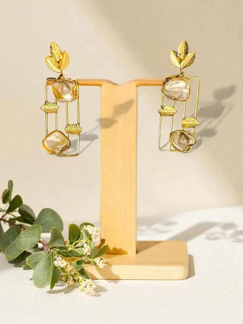 Golden glamer modern leaf & pearl drop earrings – contemporary gold-tone statement jewellery for women