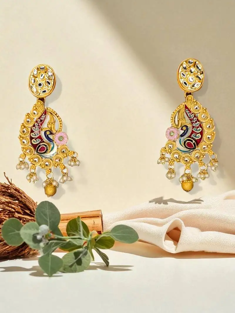 Golden glamer gold-tone peacock meenakari earrings with kundan & pearl drops – traditional ethnic jewellery for women"