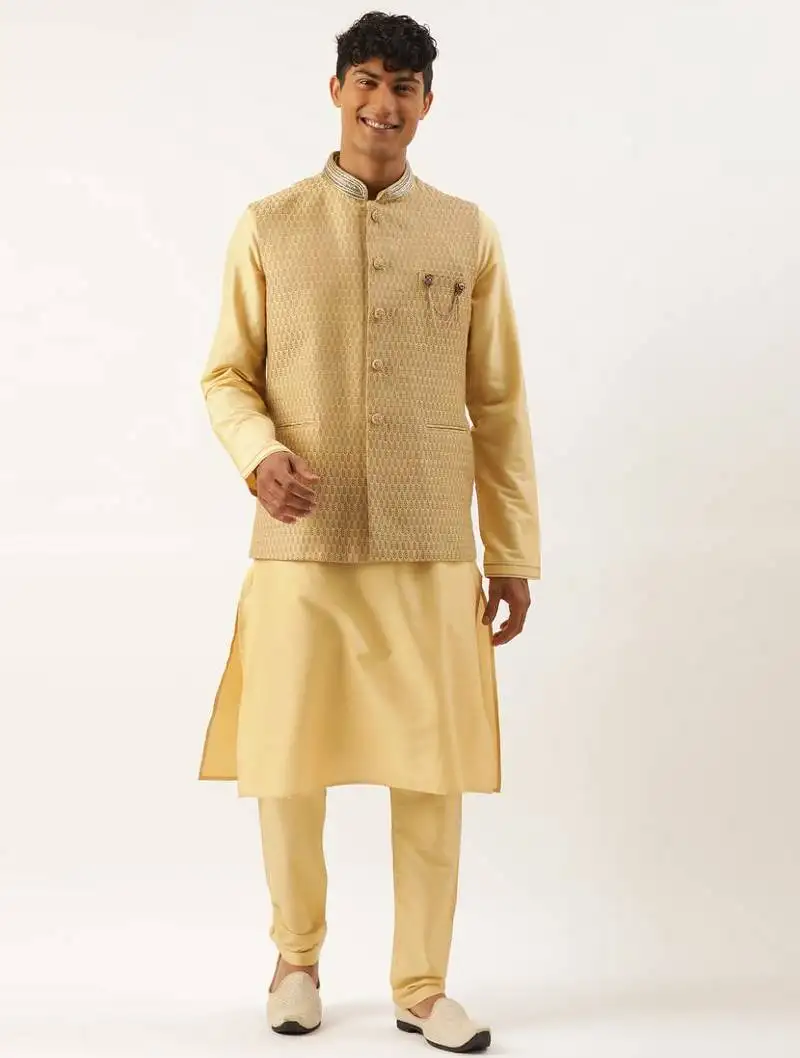 Gold jacquard jacket with gold kurta