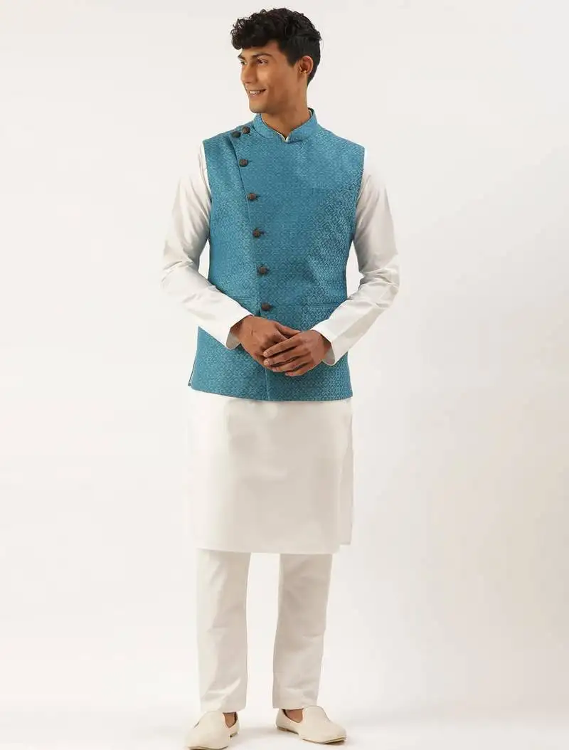 Teal blue cotton jacket with white kurta