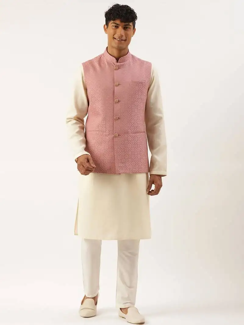 Old rose cotton jacquard jacket with cotton kurta