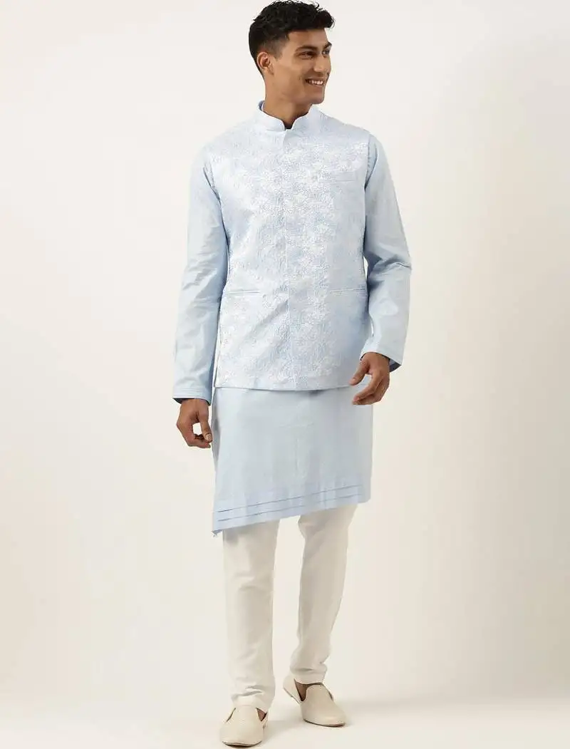 Powder blue jacquard jacket w blue cotton kurta