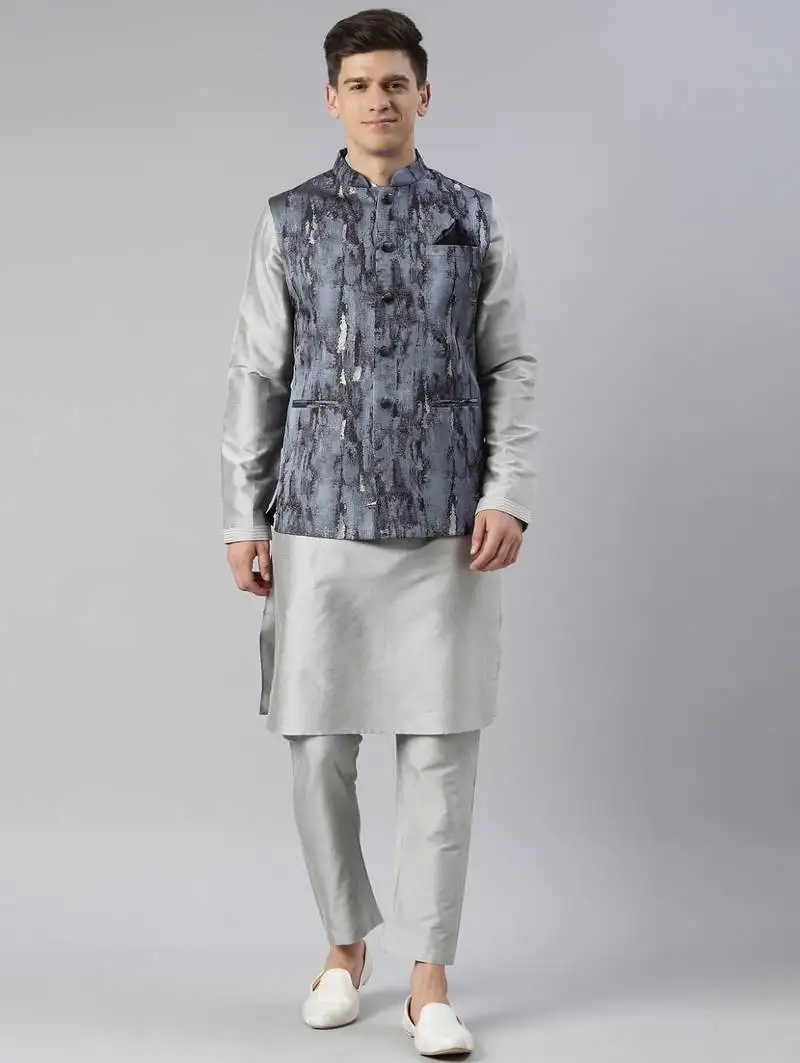 Grey jacquard jacket with grey kurta