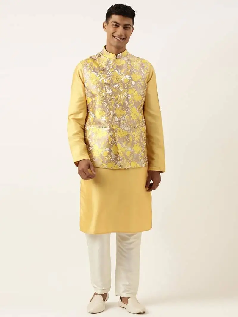 Yellow floral jacquard angrakha jacket with beige kurta