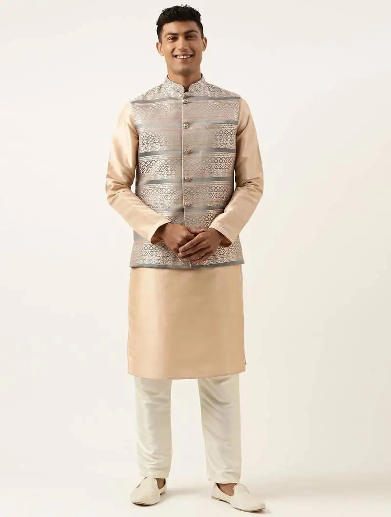 Grey peach jacquard jacket with peach kurta