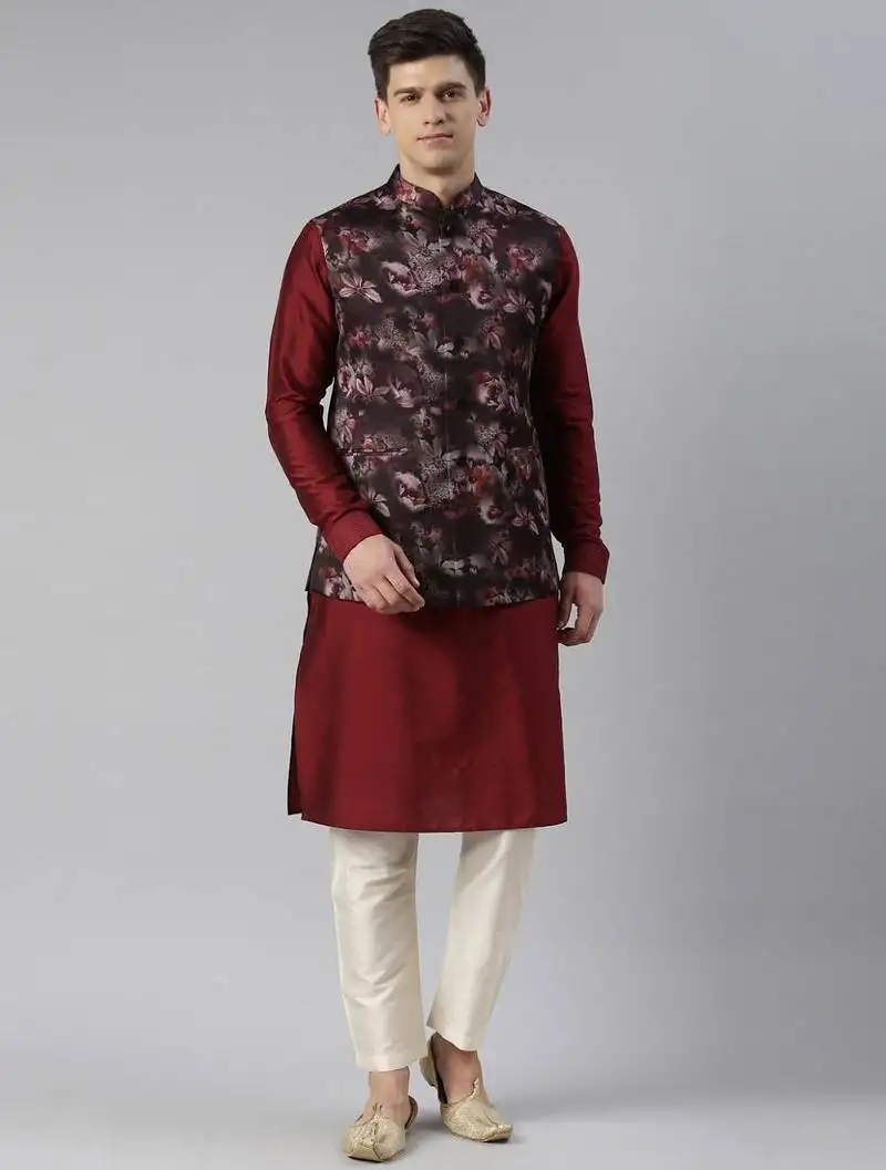 Maroon floral jacket with kurta set