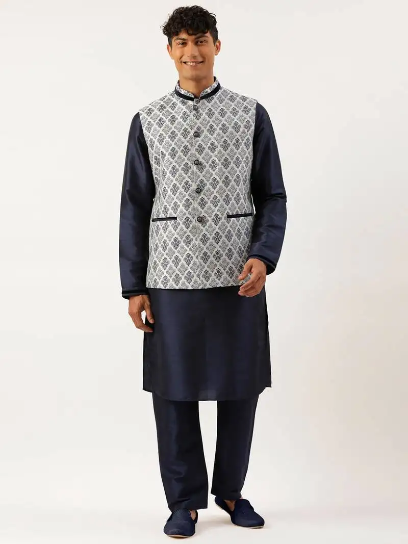 Grey navy jacquard jacket with navy kurta set