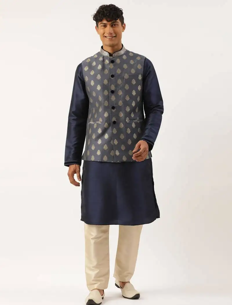 Navy jacquard gold booti jacket with navy kurta set