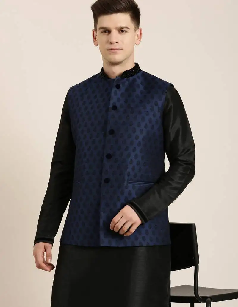 Navy jacquard black booti jacket with kurta set