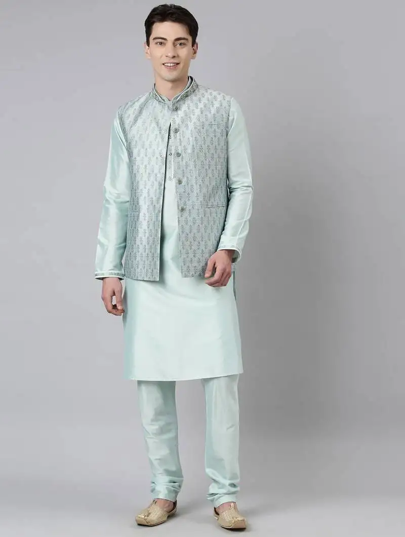 Light blue printed jacquard jacket w light blue kurta