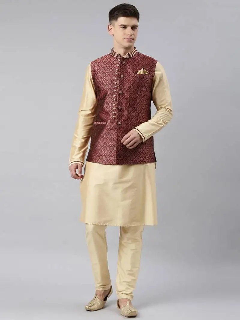 Maroon banarasi bundi with gold kurta set