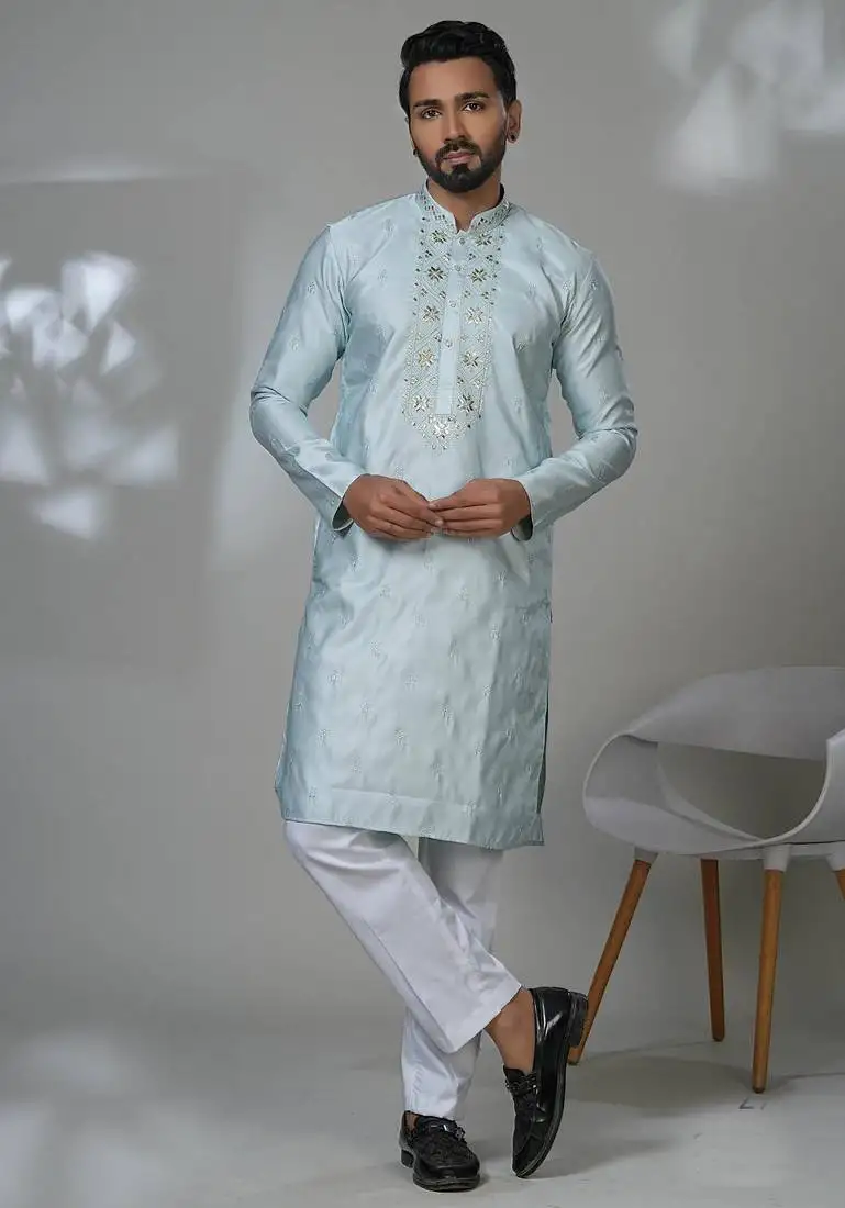 Sky blended cotton embroidered kurta pajama for mens