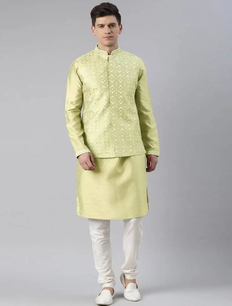 Mint embroidered jacket kurta set