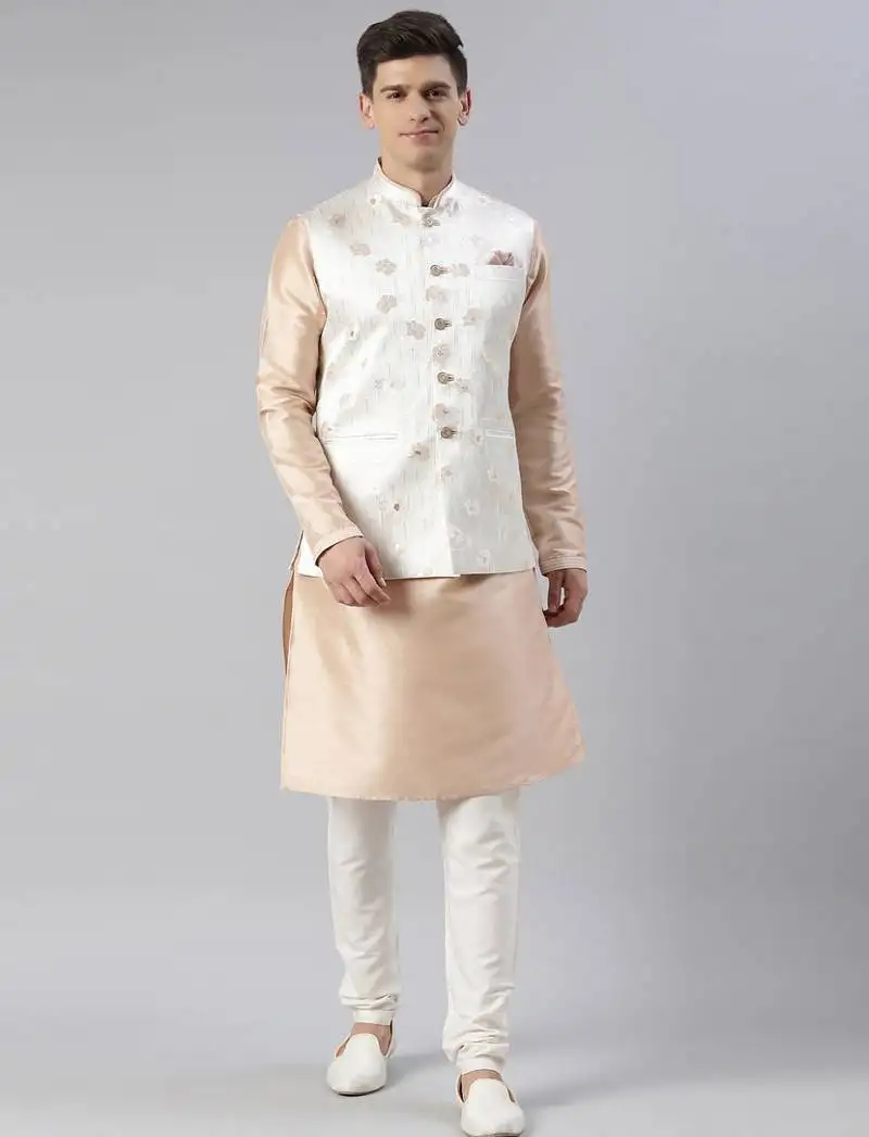 Cream peach jacquard jacket with peach kurta set