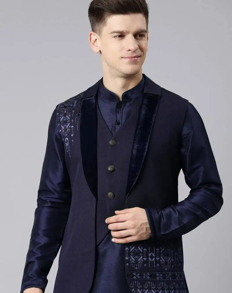 Dark blue layered lapel style jacket kurta set