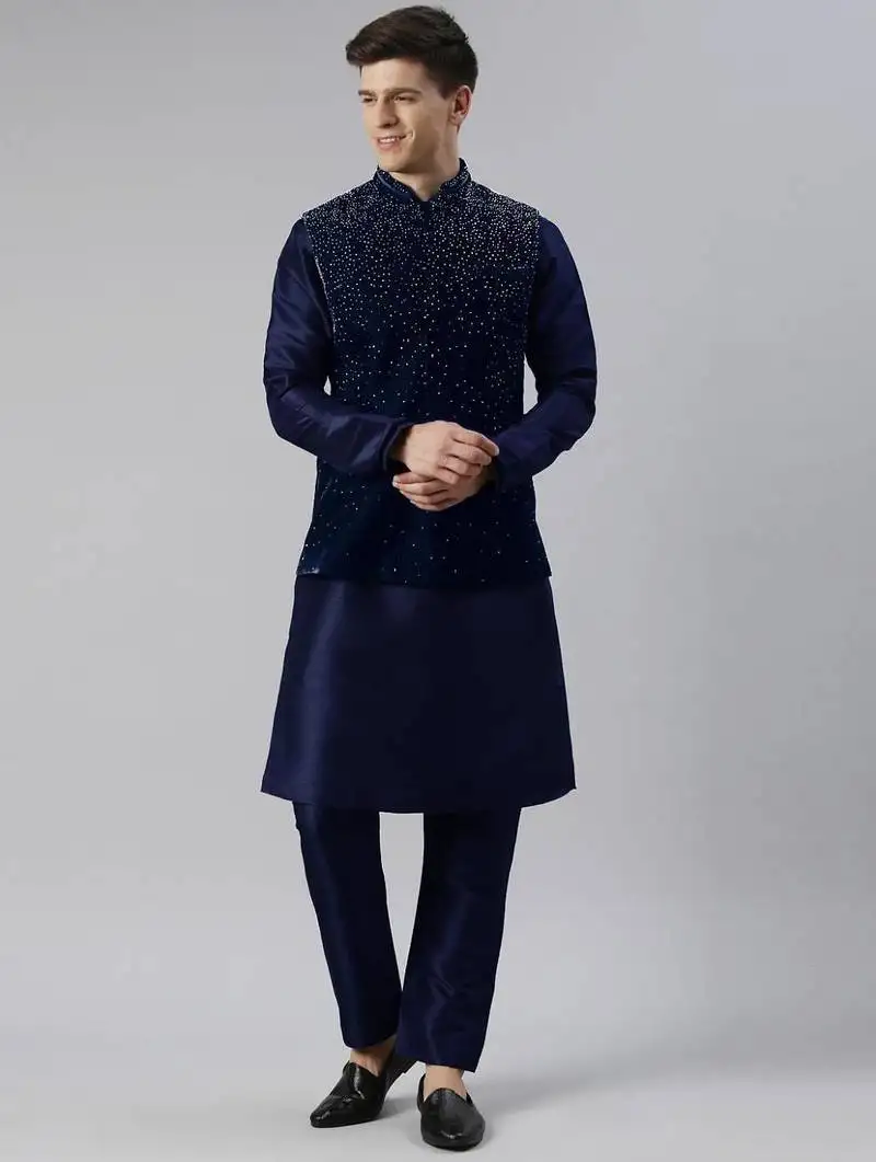 Blue velvet hand embroidery jacket set