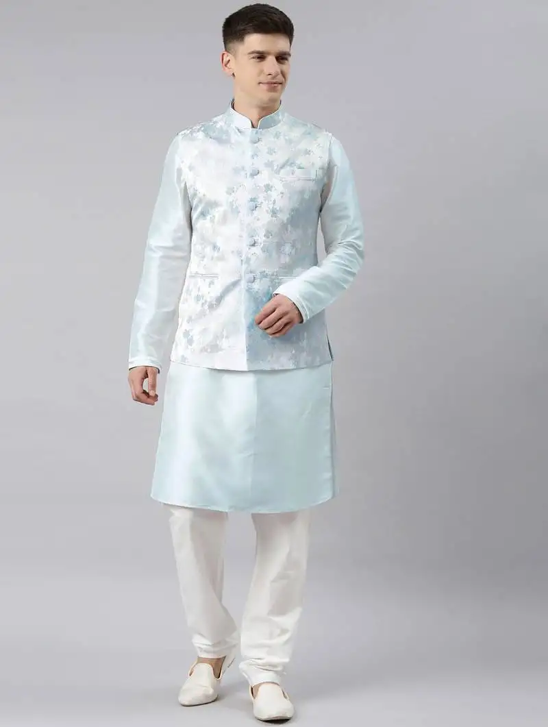Blue jacquard jacket kurta set