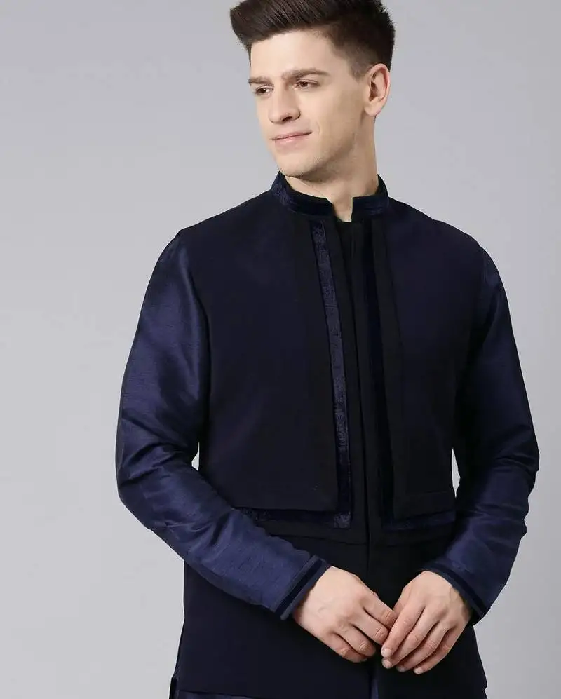 Blue pleated jacket kurta set