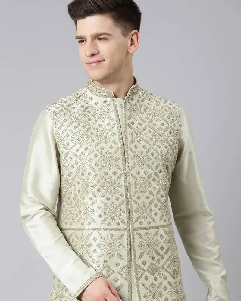 Olive green dori embroidery jacket kurta set