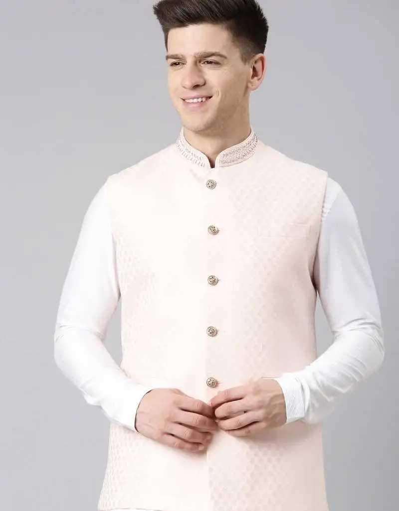 Peach jacquard jacket kurta set