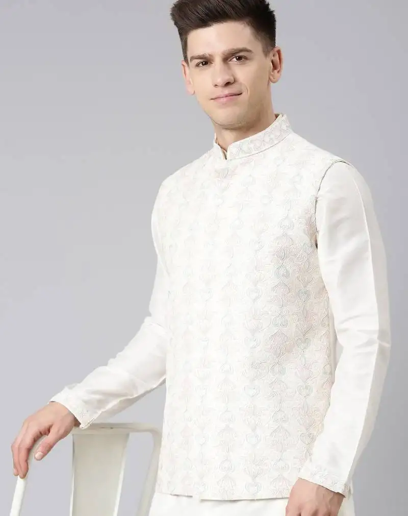Cream dori embroidery jacket kurta set