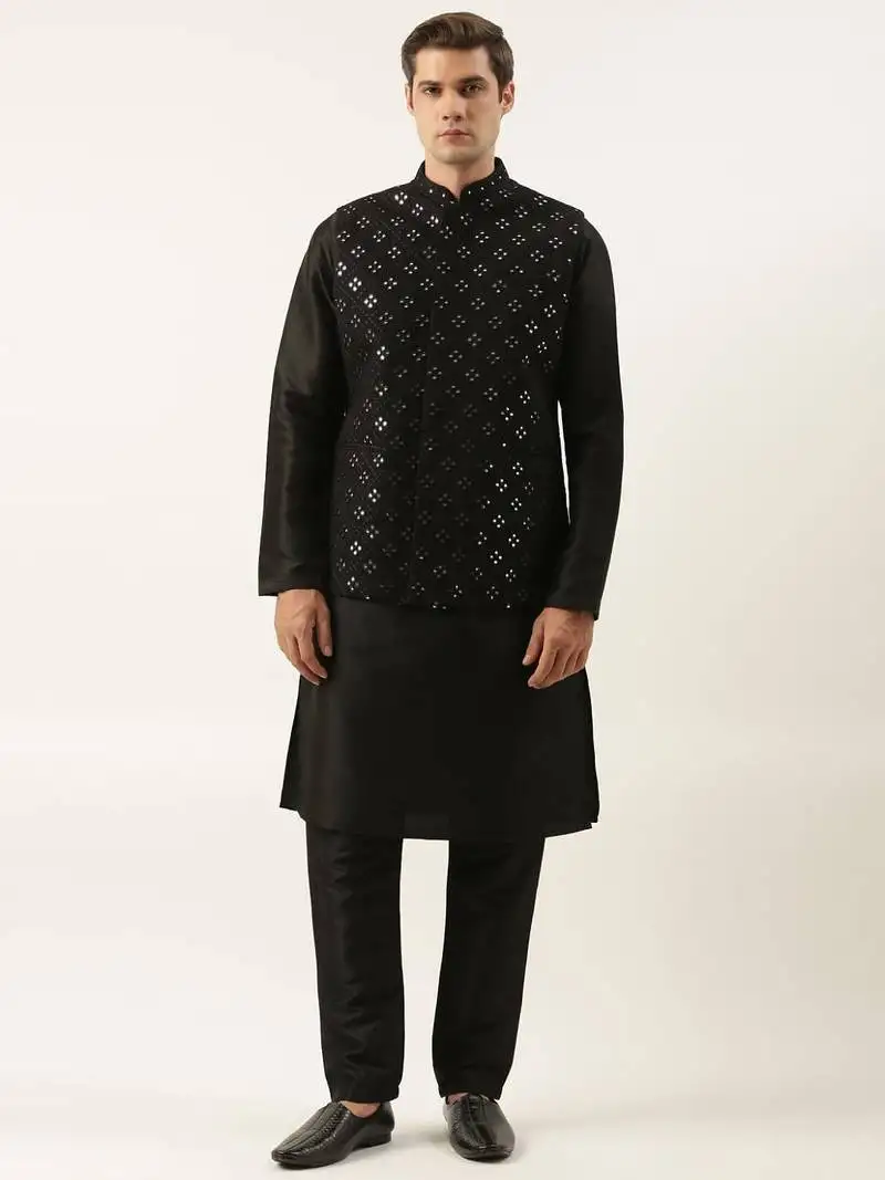 Black mirror embroidered jacket kurta set