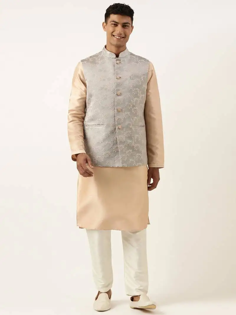 Grey peach jacquard jacket kurta set