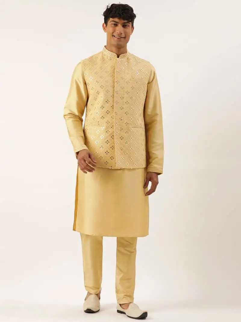 Yellow mirror embroidered jacket kurta set