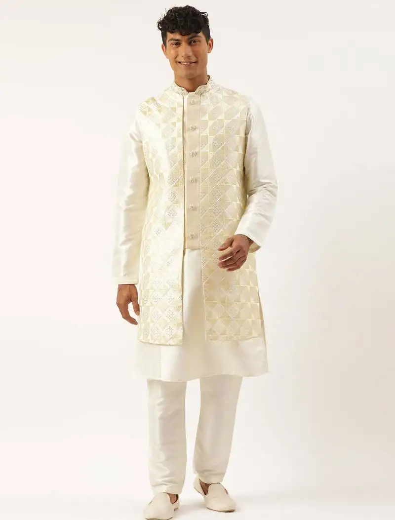 Cream embroidered layered long jacket kurta set