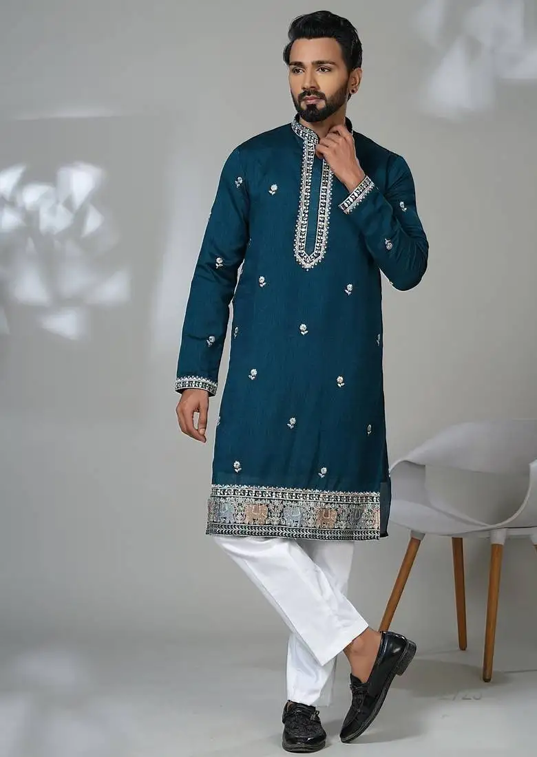 Rama silk embroidered kurta pajama for mens