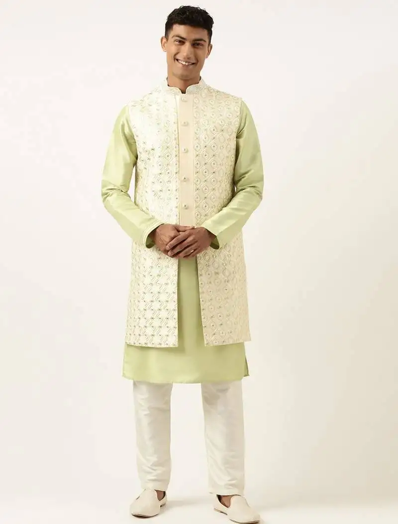 Cream green embroiderd layered long jacket kurta set