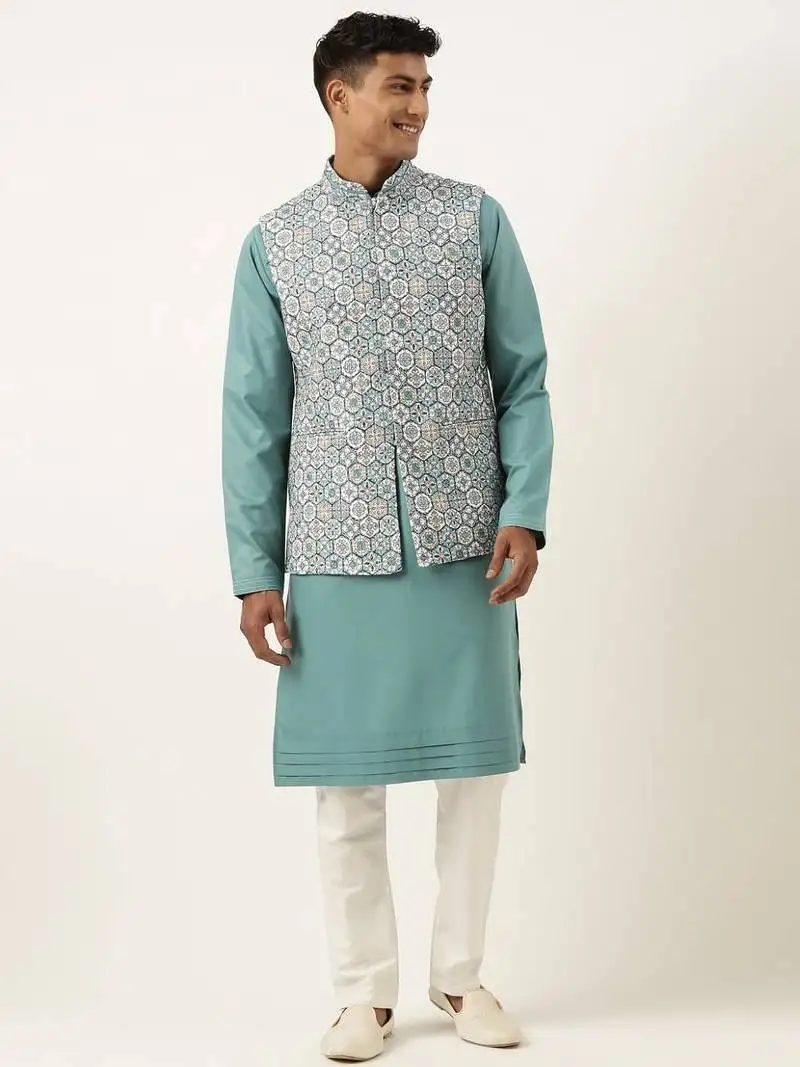 Cotton printed embroidered jacket kurta set