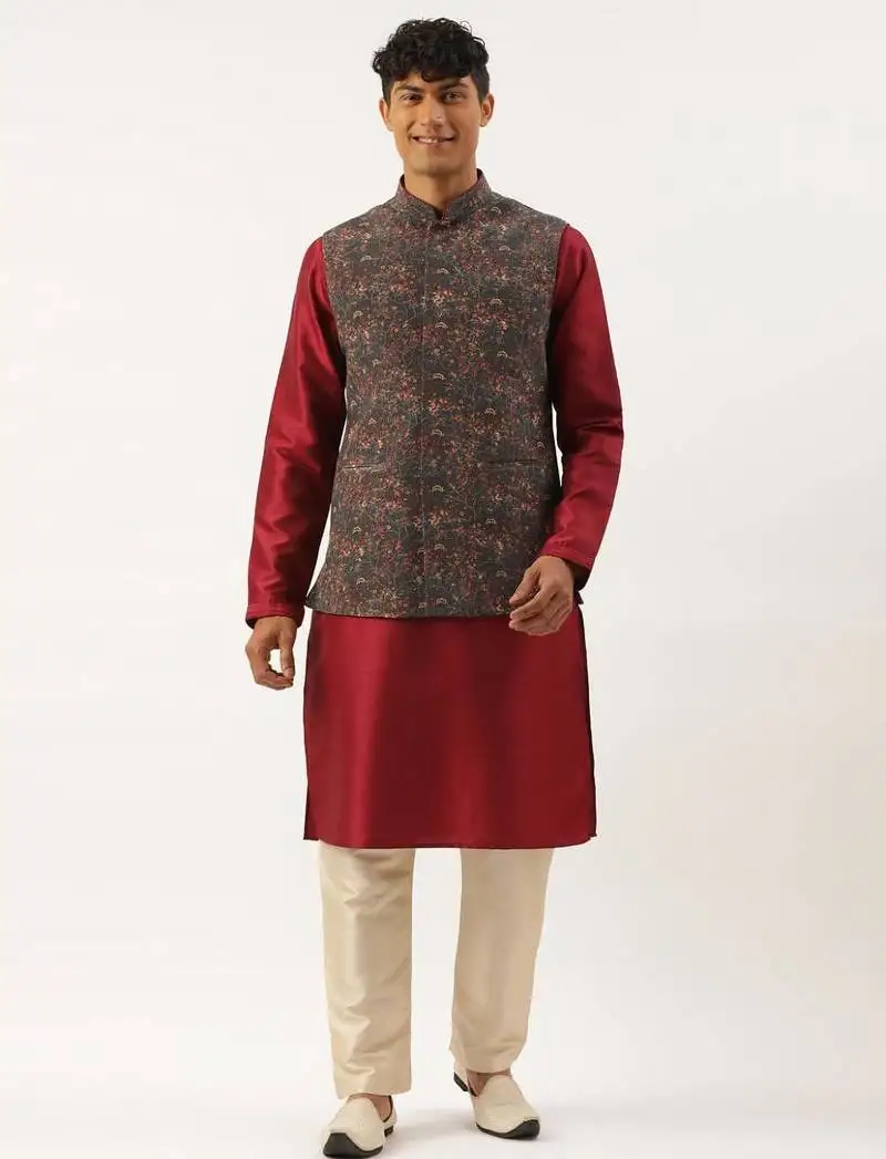 Charcoal grey printed jacket with maroon kurta set