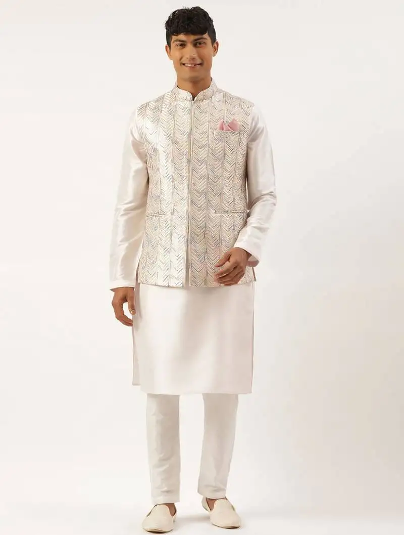 White multi color embroidered jacket kurta set