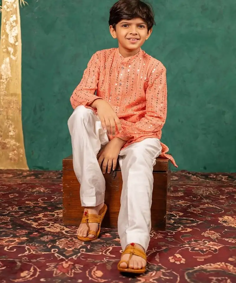 Boys georgette mirror work light salmon coloured kurta with white pant