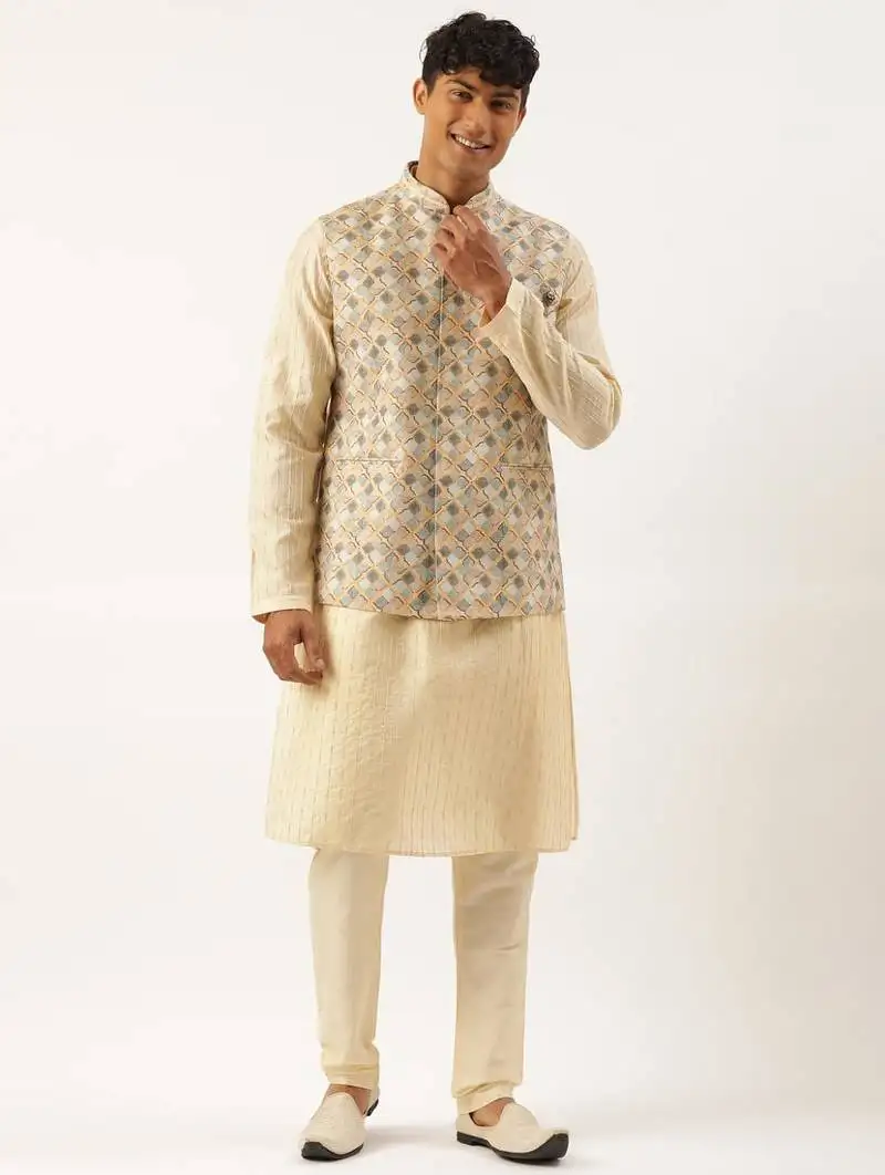 Grey and beige printed jacket with kurta set